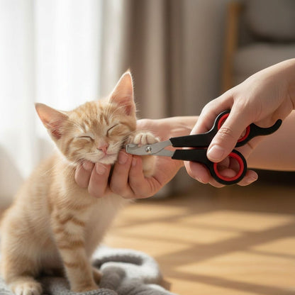 Person trimming a cat's nails with a pair of black and red scissors.