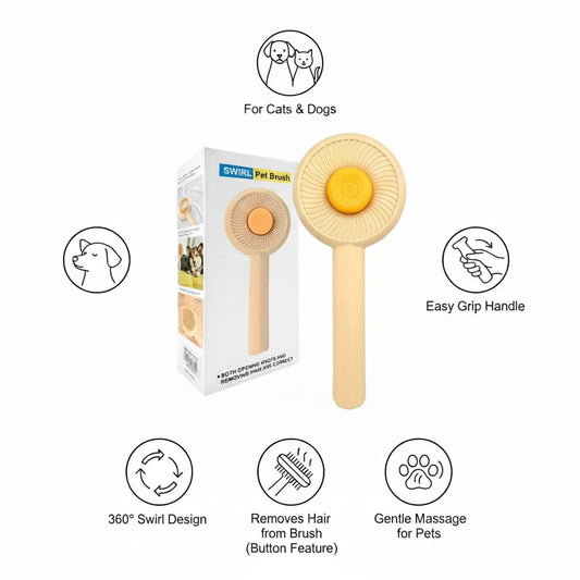Pet grooming brush with packaging and features listed on a white background