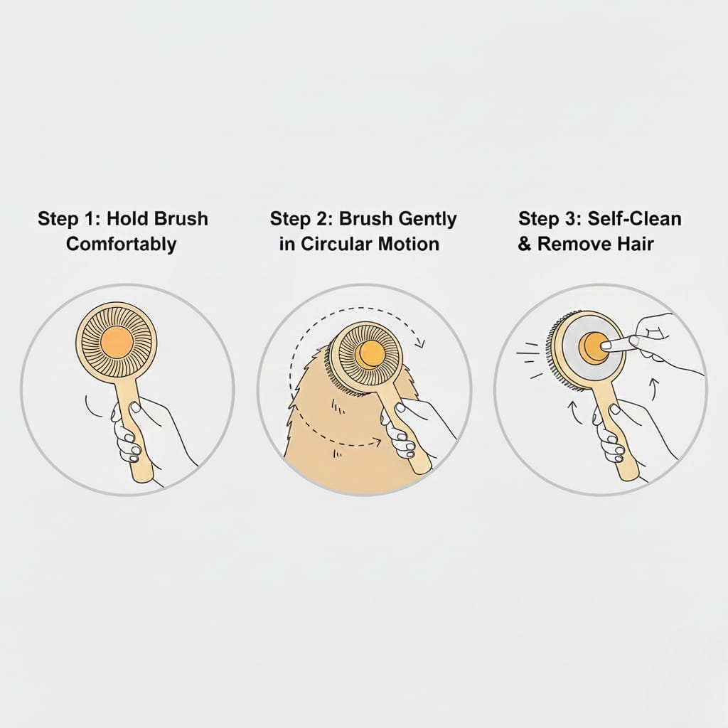 Illustrations showing how to use a hair removal brush with steps labeled 'Hold Brush Comfortably', 'Brush Gently in Circular Motion', and 'Self-Clean & Remove Hair'.