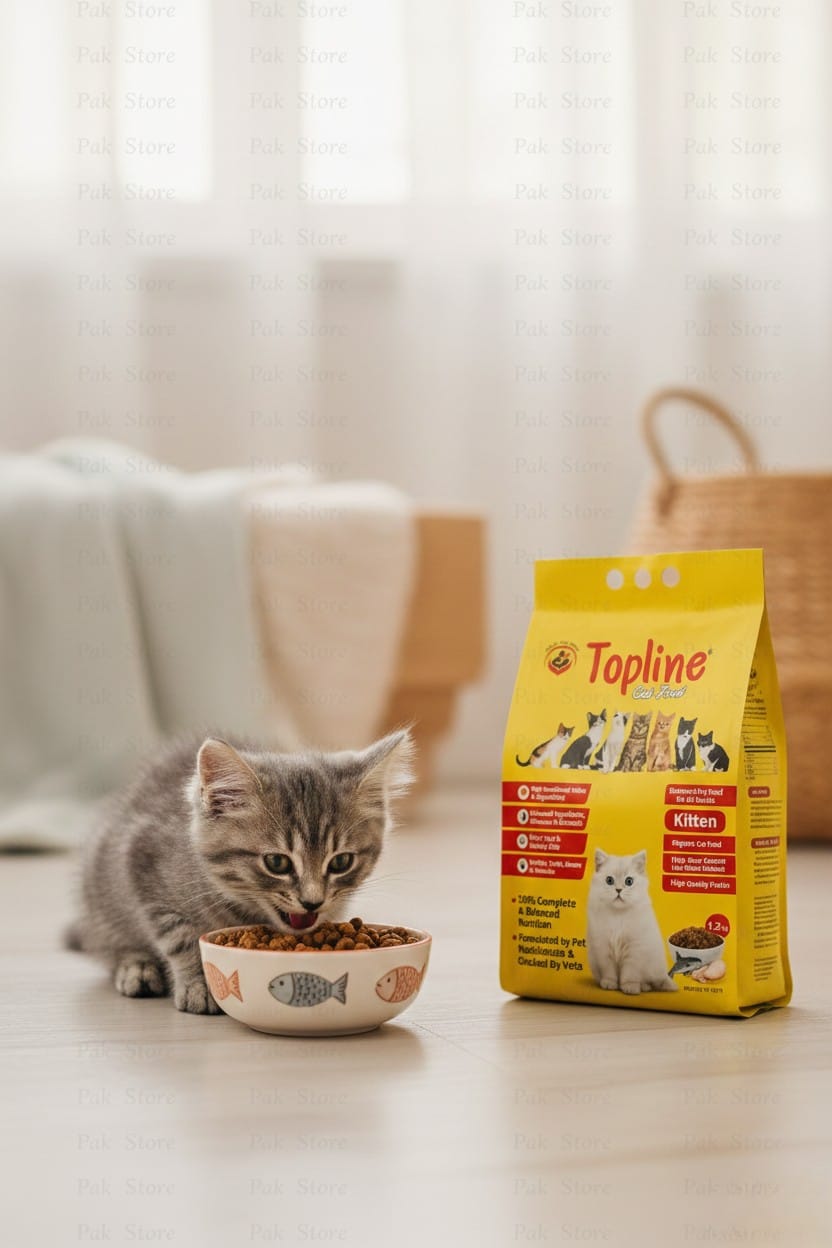 Kitten eating from a bowl of Topline cat food with the packaging in the background.