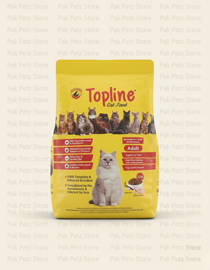 Topline cat food package with a cat on the label against a beige background