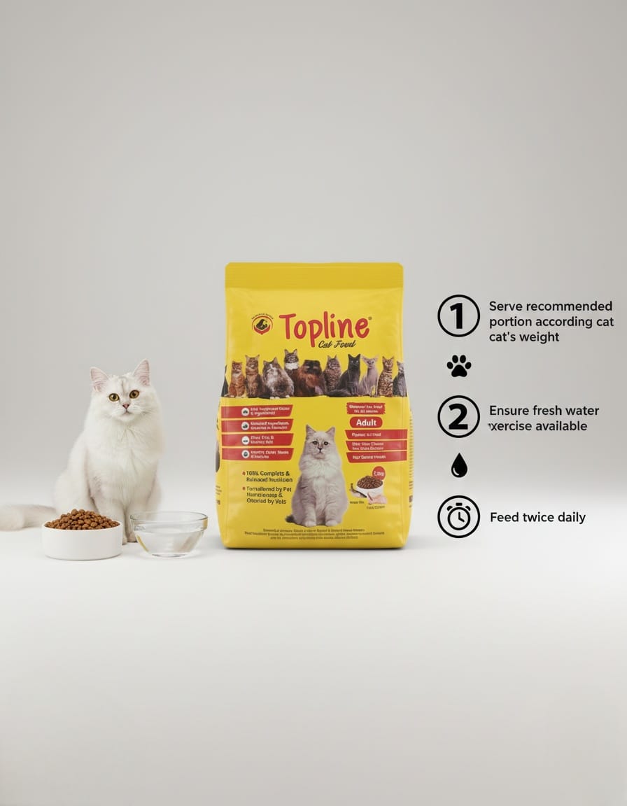 Topline cat food package with a white cat and feeding instructions on a light gray background
