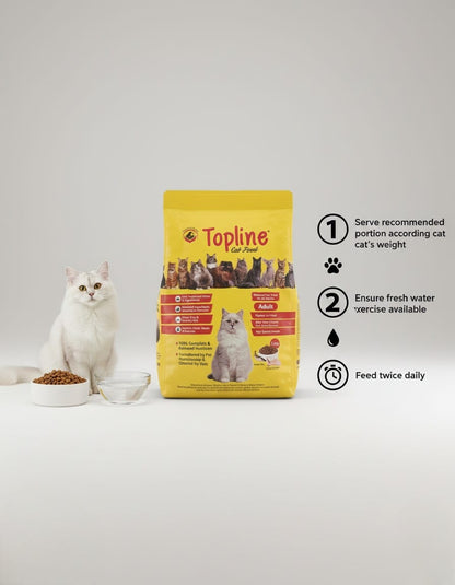 Topline cat food package with a white cat and feeding instructions on a light gray background