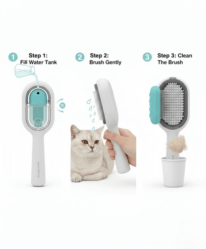 Pet grooming brush with water tank, being used on a cat, and cleaning steps displayed.