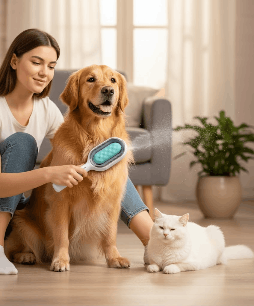Woman grooming a golden retriever with a pet brush in a living room, accompanied by a white cat.