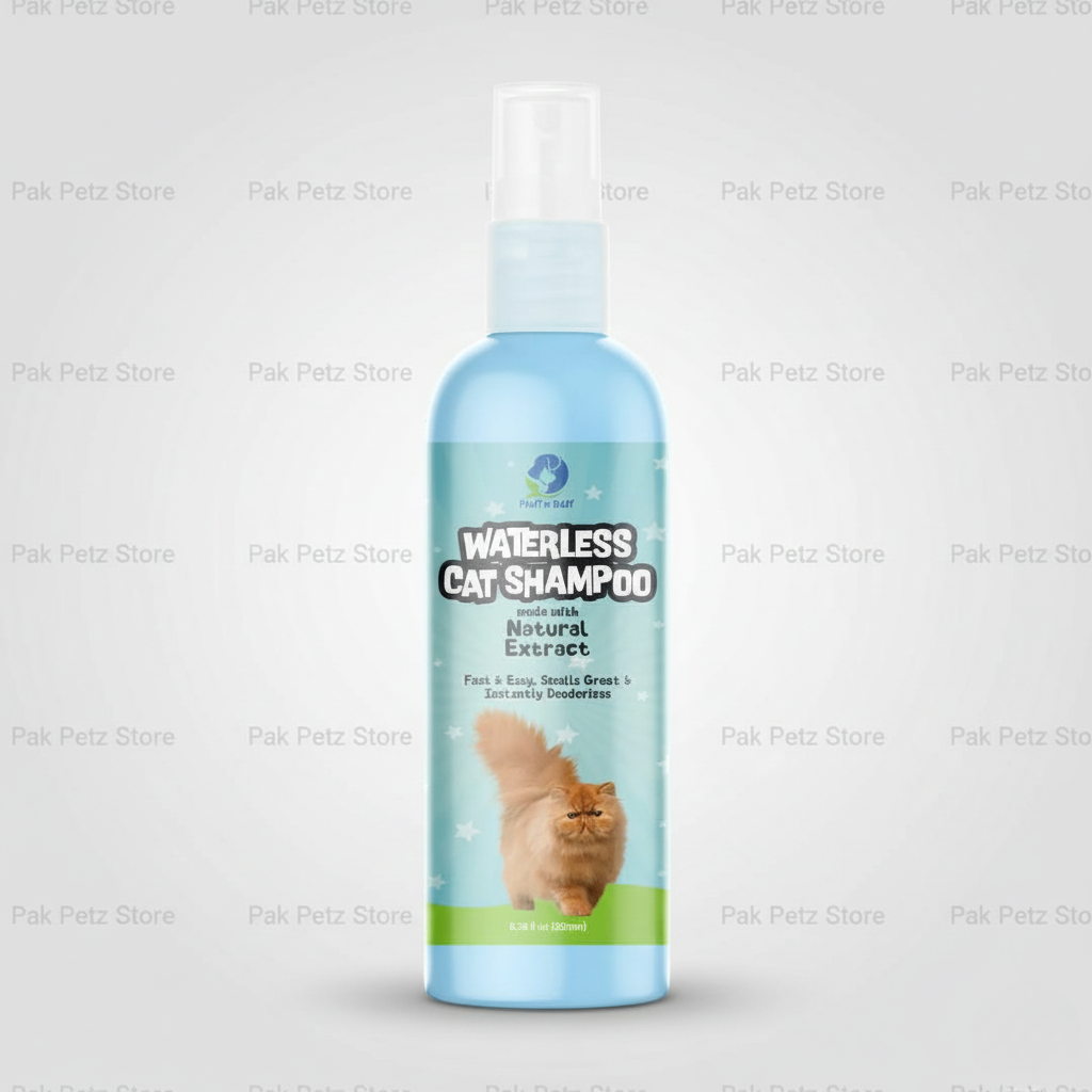 Bottle of Waterless Cat Shampoo on a light gray background