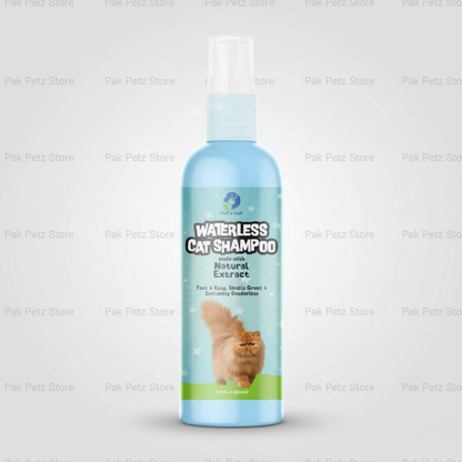 Bottle of Waterless Cat Shampoo on a light gray background