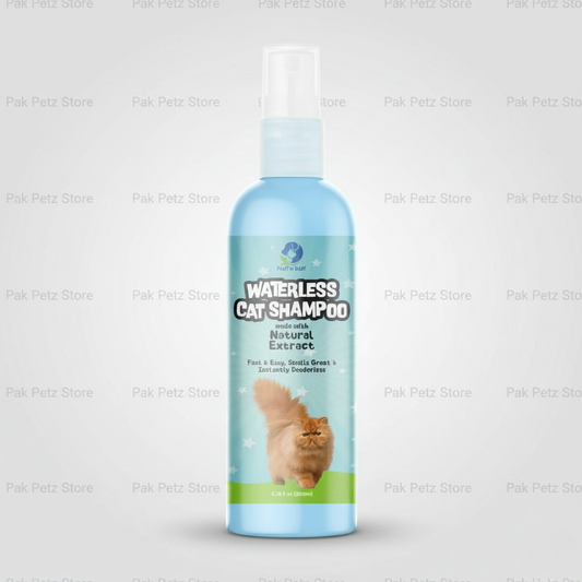 Bottle of Waterless Cat Shampoo on a light gray background