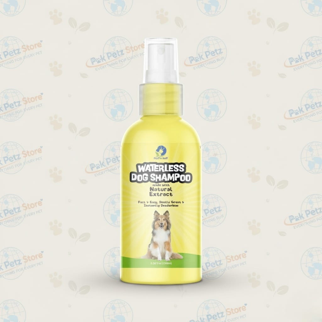 Yellow bottle of waterless dog shampoo with a dog on the label against a light background.