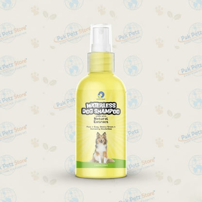 Yellow bottle of waterless dog shampoo with a dog on the label against a light background.