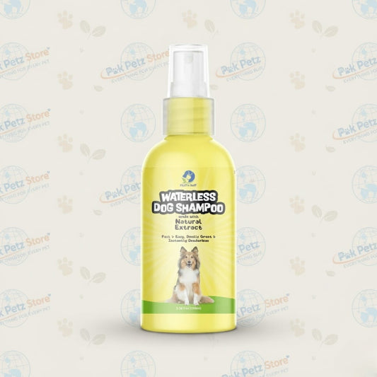 Yellow bottle of waterless dog shampoo with a dog on the label against a light background.