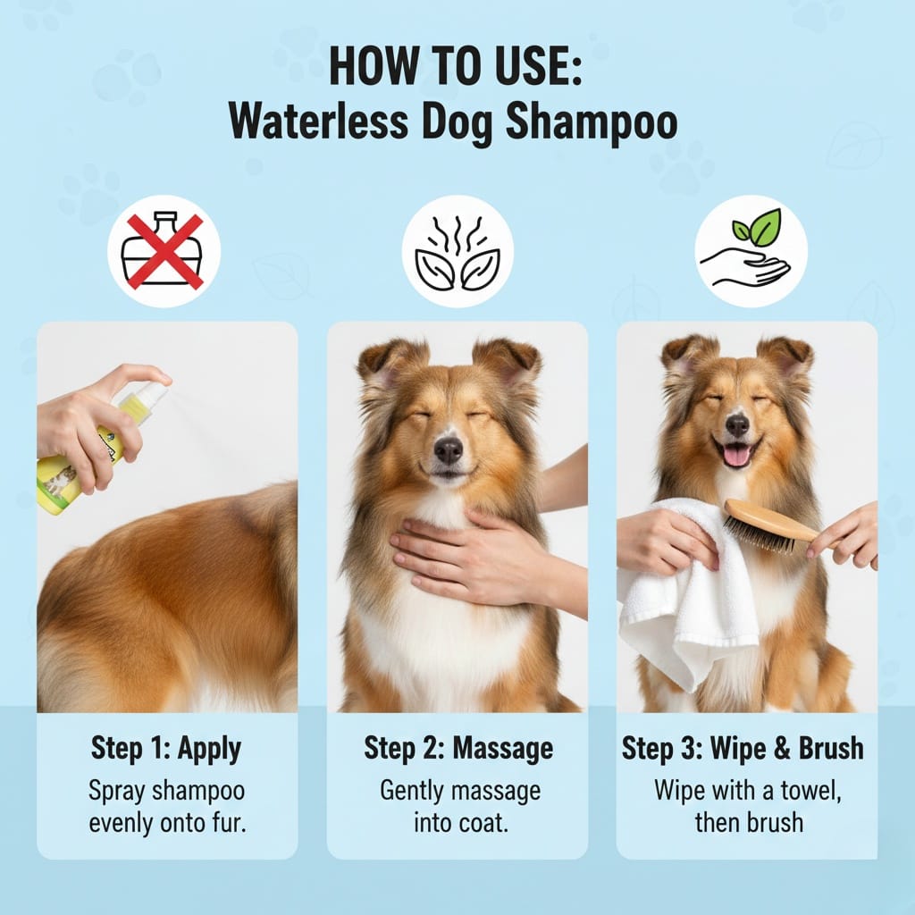 Step-by-step guide on how to use waterless dog shampoo with visual instructions and a blue background.