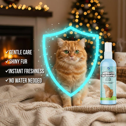 Cat sitting on a blanket with a bottle of cat shampoo and text highlighting product benefits.