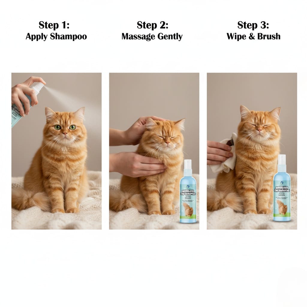Step-by-step guide on how to groom a cat with shampoo, massage, and wiping.