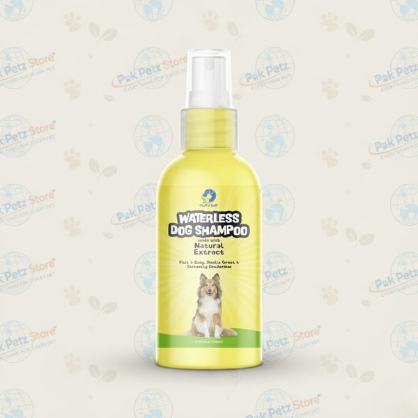 Dog Waterless Shampoo – No - Rinse Grooming Spray for Dogs - Pak Petz StoreYellow bottle of waterless dog shampoo with a dog on the label against a light background.