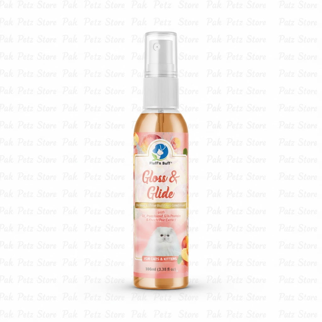 Gloss & Glide Spray Peach Scented – Detangling & Shine for Cats - Pak Petz StorePet grooming spray bottle labeled 'Gloss & Glide' on a white background