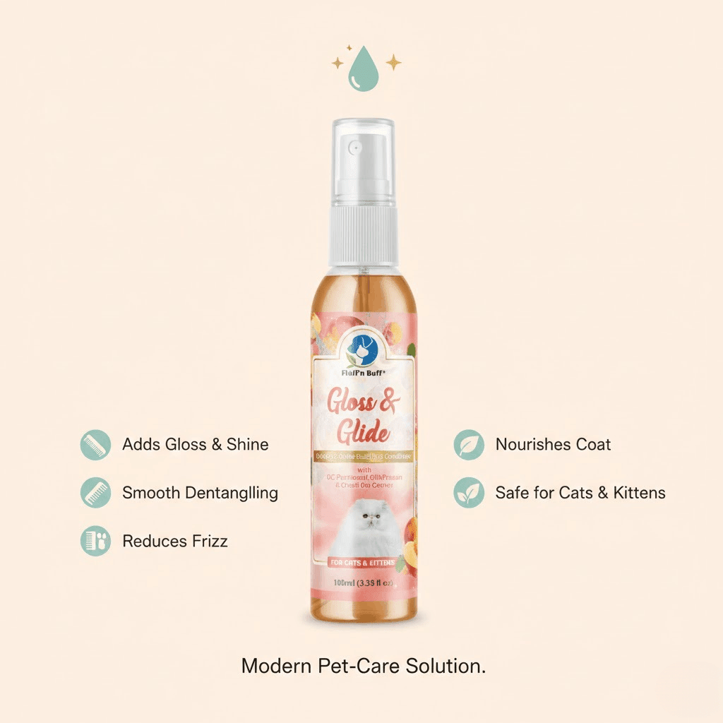 Gloss & Glide Spray Peach Scented – Detangling & Shine for Cats - Pak Petz StoreBottle of Gloss & Glide pet care solution with text on a beige background