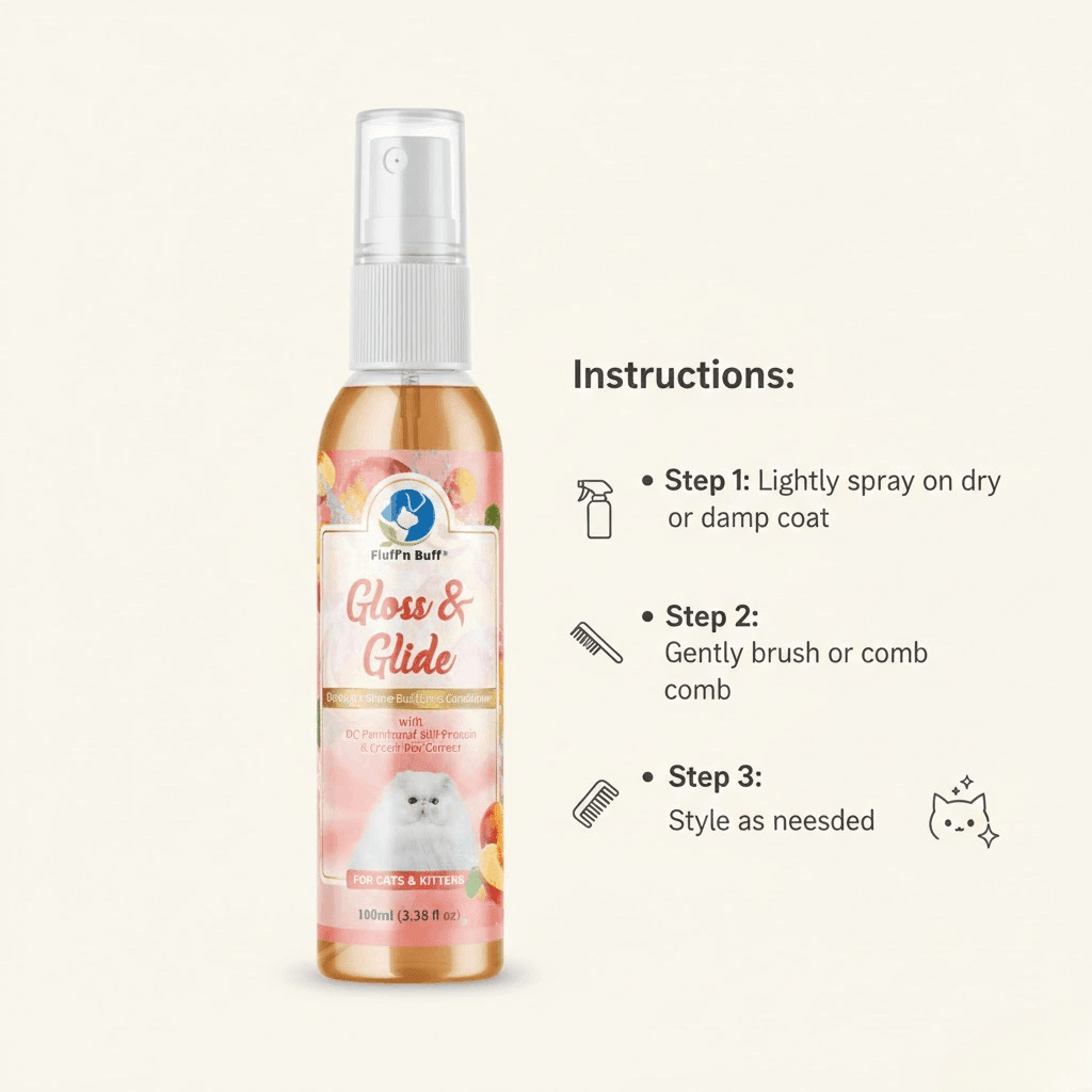 Gloss & Glide Spray Peach Scented – Detangling & Shine for Cats - Pak Petz StoreBottle of 'Gloss & Glide' pet grooming spray with instructions on a white background