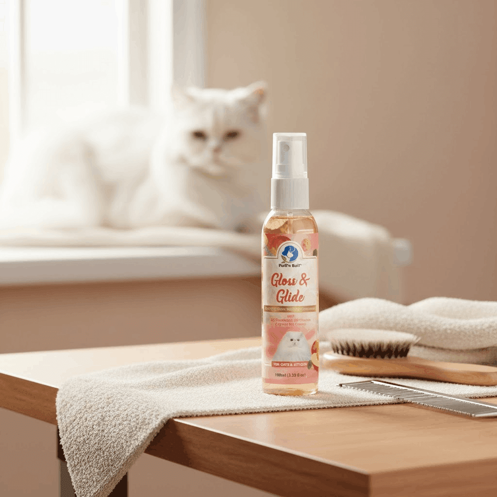 Gloss & Glide Spray Peach Scented – Detangling & Shine for Cats - Pak Petz StoreBottle of 'Glow & Glide' spray on a table with a cat in the background