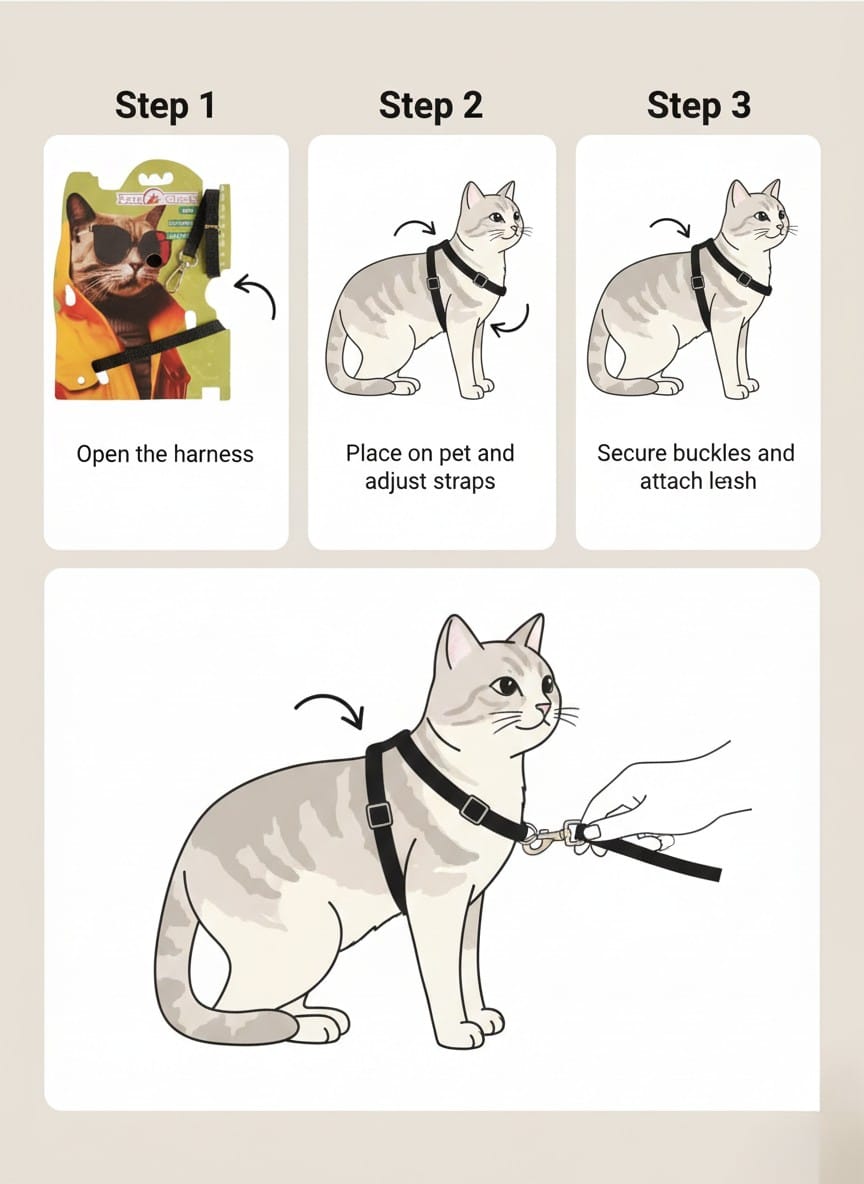 Pet Harness with Leash – Adjustable & Comfortable Walking Set - Pak Petz StoreStep - by - step guide on how to put on a cat harness with illustrations and text.