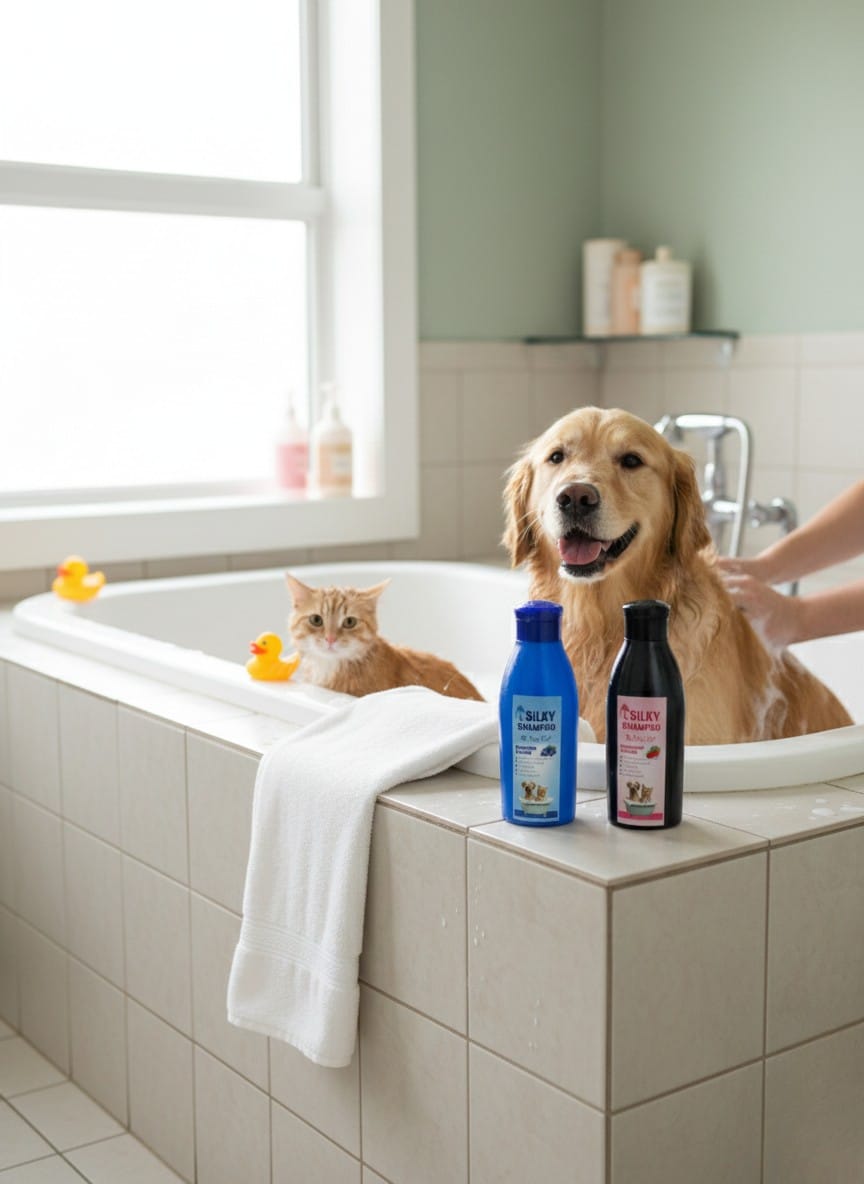 Silky Pet Shampoo for Cats & Dogs – Strawberry & Blueberry - Pak Petz StoreDog and cat in a bathtub with PetAg products