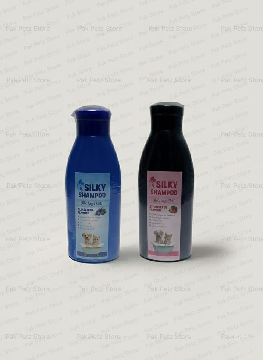 Silky Pet Shampoo for Cats & Dogs – Strawberry & Blueberry - Pak Petz StoreTwo bottles of Silky shampoo, one blue and one black, on a light gray background.