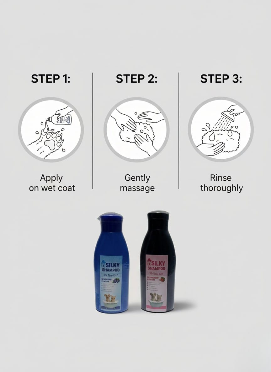 Silky Pet Shampoo for Cats & Dogs – Strawberry & Blueberry - Pak Petz StoreDog & shampoo bottles with step - by - step instructions on a light gray background