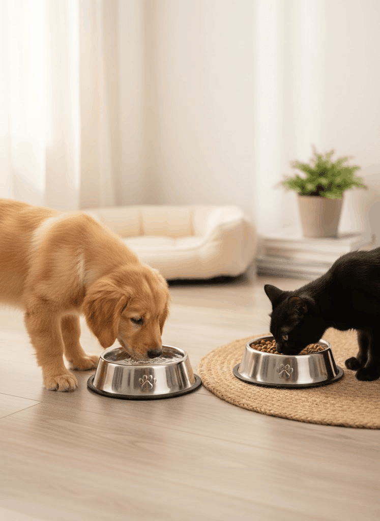 Steel Cat & Dog Bowl – Medium Size Stainless Steel Feeding Bowl - Pak Petz StoreDog and cat eating from metal bowls on a wooden floor with a neutral background