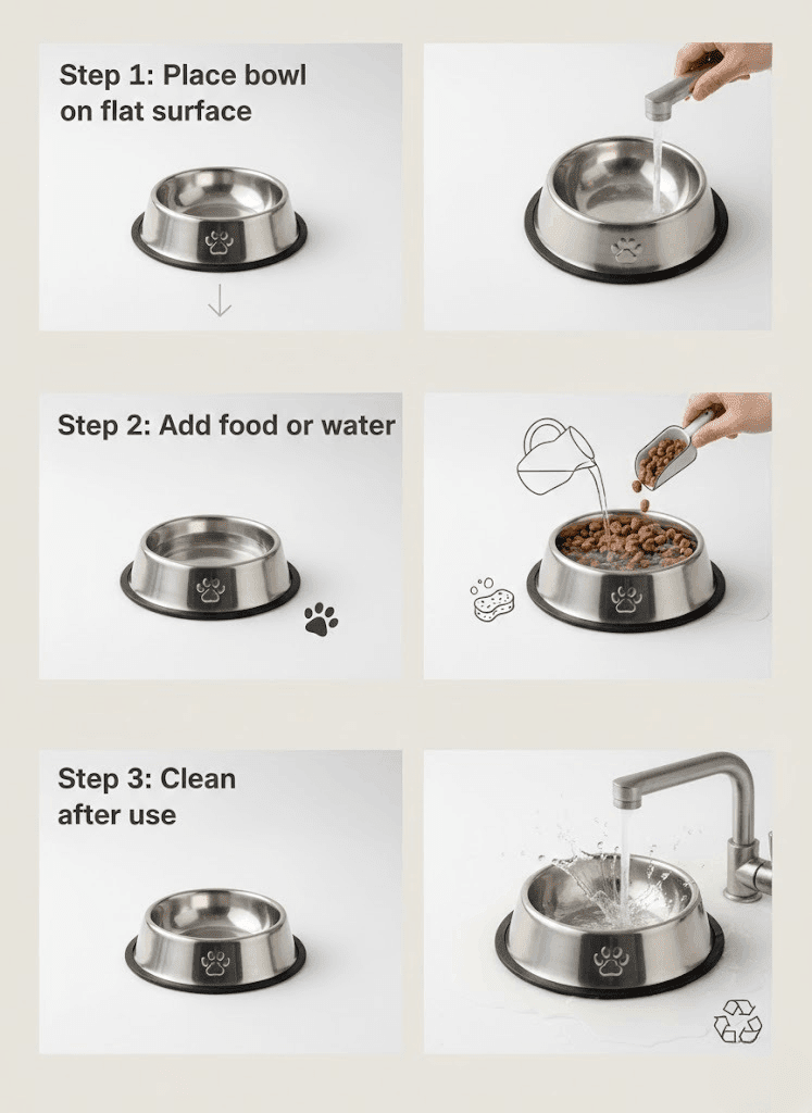 Steel Cat & Dog Bowl – Medium Size Stainless Steel Feeding Bowl - Pak Petz StoreSteps to use a stainless steel pet bowl including placement, adding food or water, and cleaning.