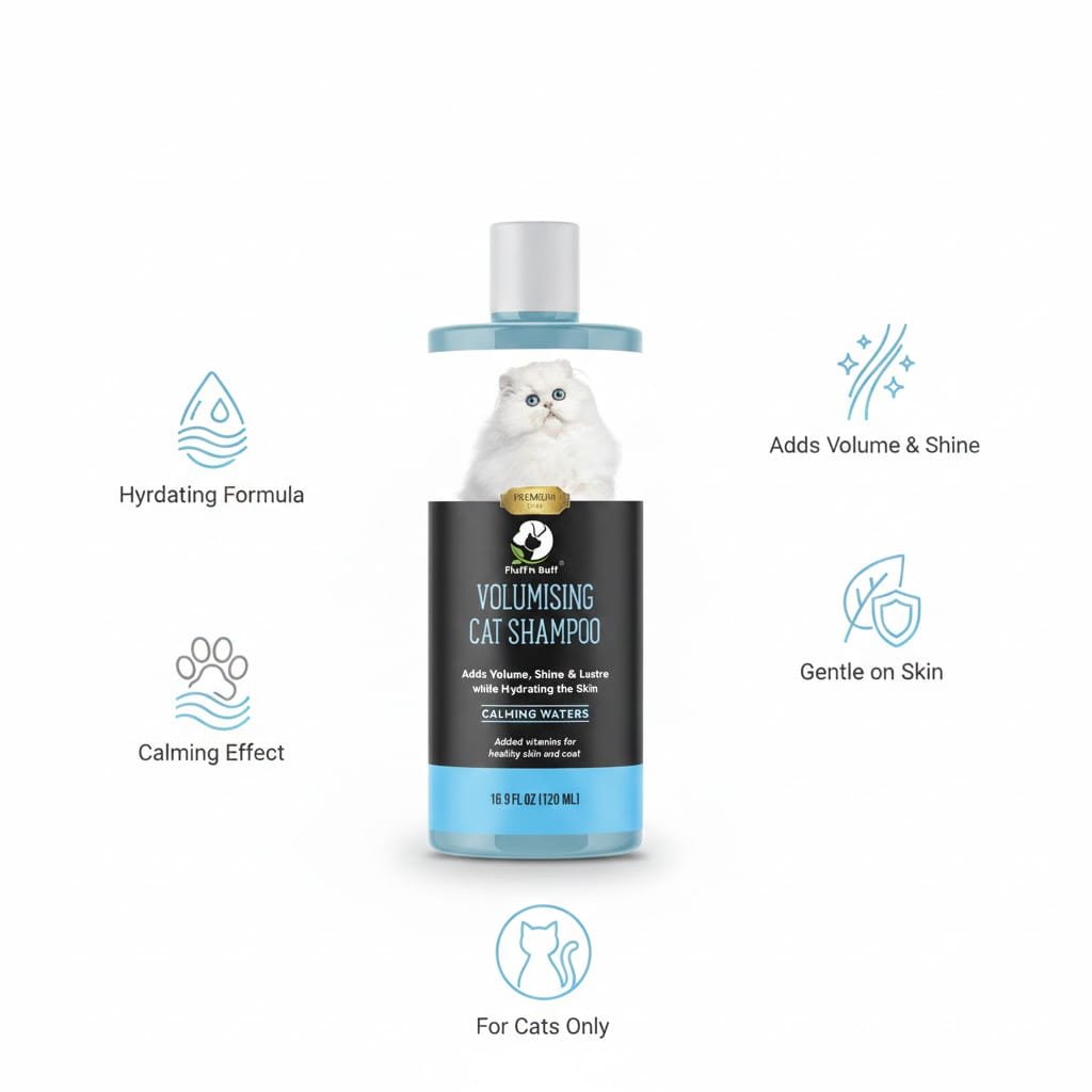 Volumising Cat Shampoo – Full Body & Shine Formula for Cats - Pak Petz StoreCat shampoo bottle with text and icons on a white background