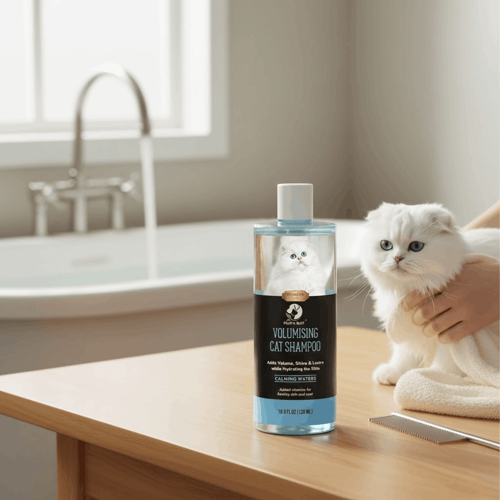 Volumising Cat Shampoo – Full Body & Shine Formula for Cats - Pak Petz StoreBottle of volumising cat shampoo on a wooden table with a white cat and a person's hand in the background.