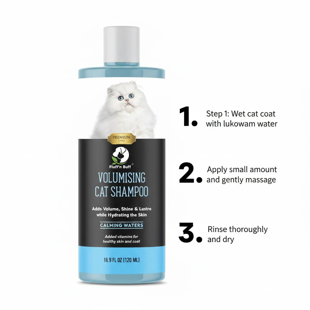 Volumising Cat Shampoo – Full Body & Shine Formula for Cats - Pak Petz StoreCat shampoo bottle with instructions on a white background