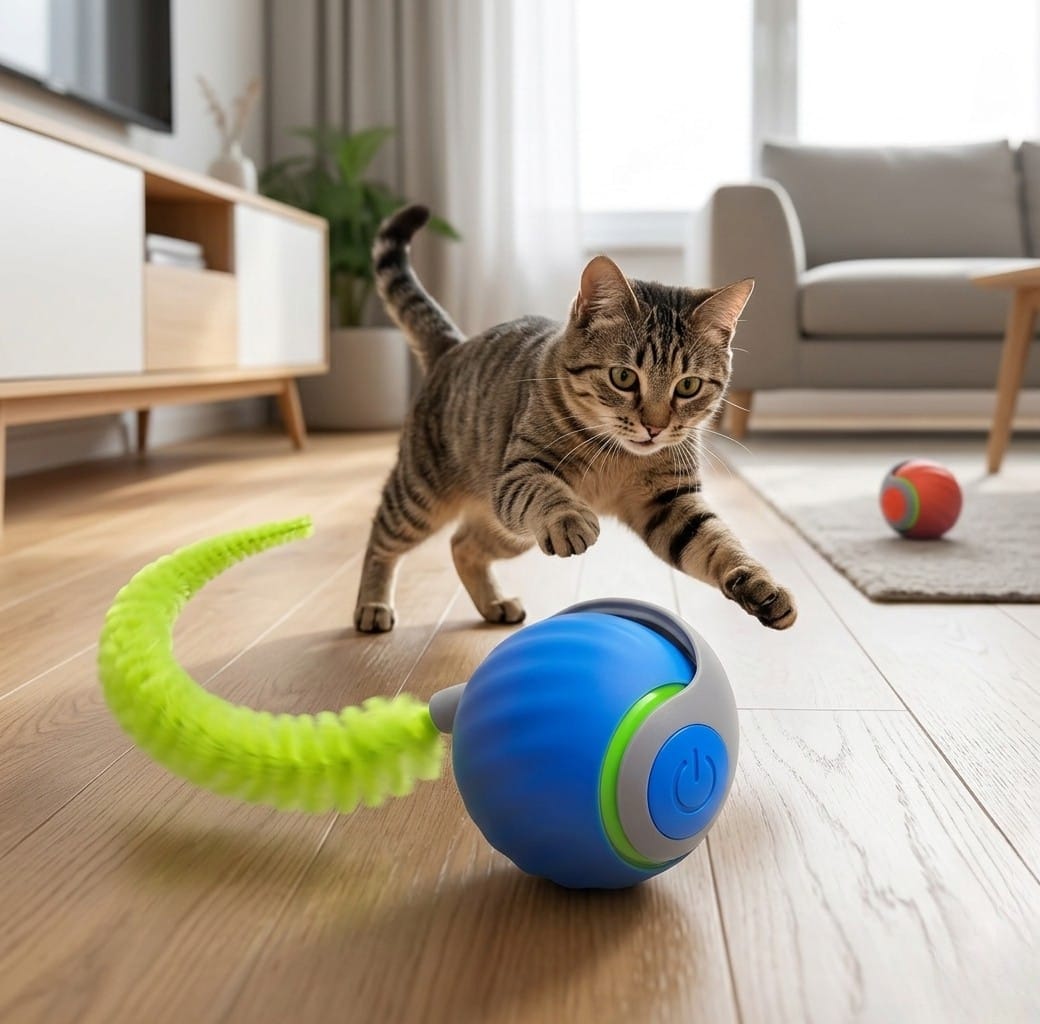 Intelligent Cat Teasing Ball with Short Tail – USB Rechargeable Interactive Toy